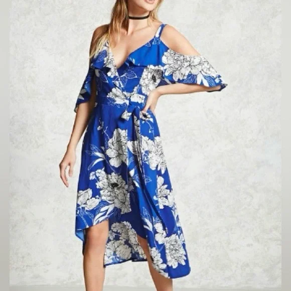 Forever 21 | Dresses | 68 Forever 2 Contemporary Blue White Floral Wrap  Dress Medium | Poshmark